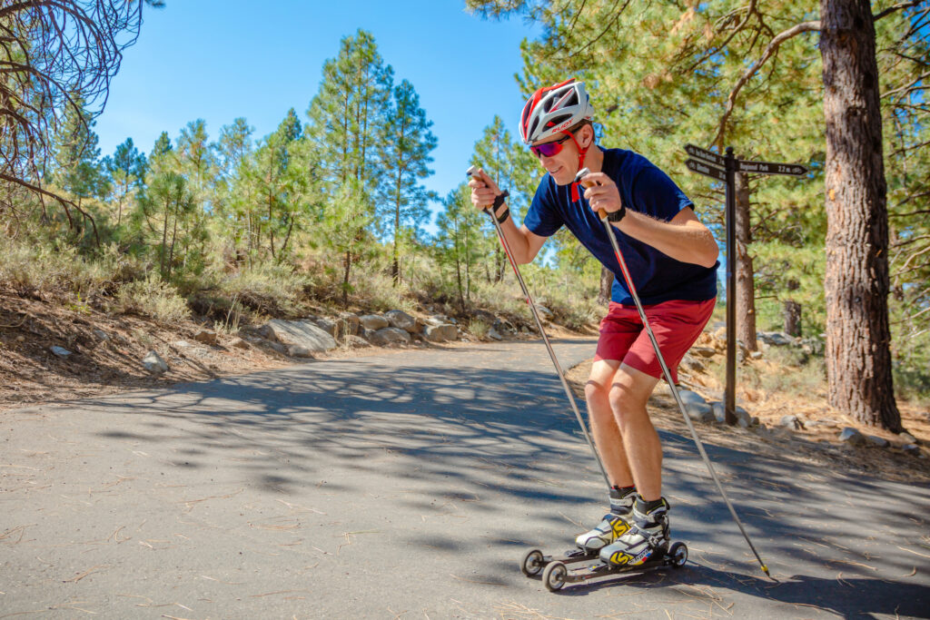Fall training for skiers on roller skis